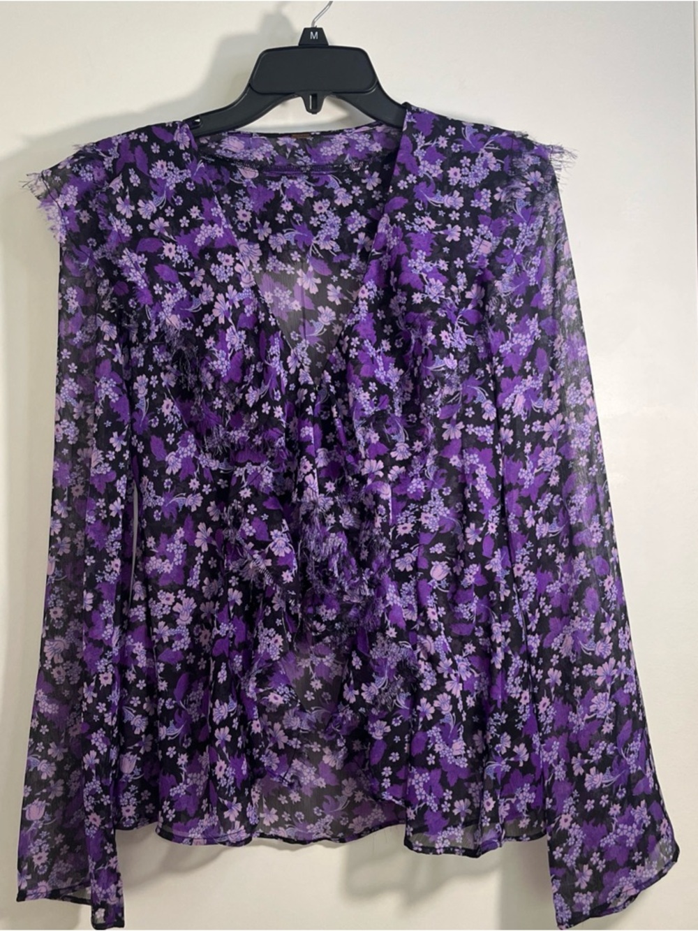 Free People Nina Sheer Purple Floral Ruffle Blouse Size XXS Feminine Y2K Fairy